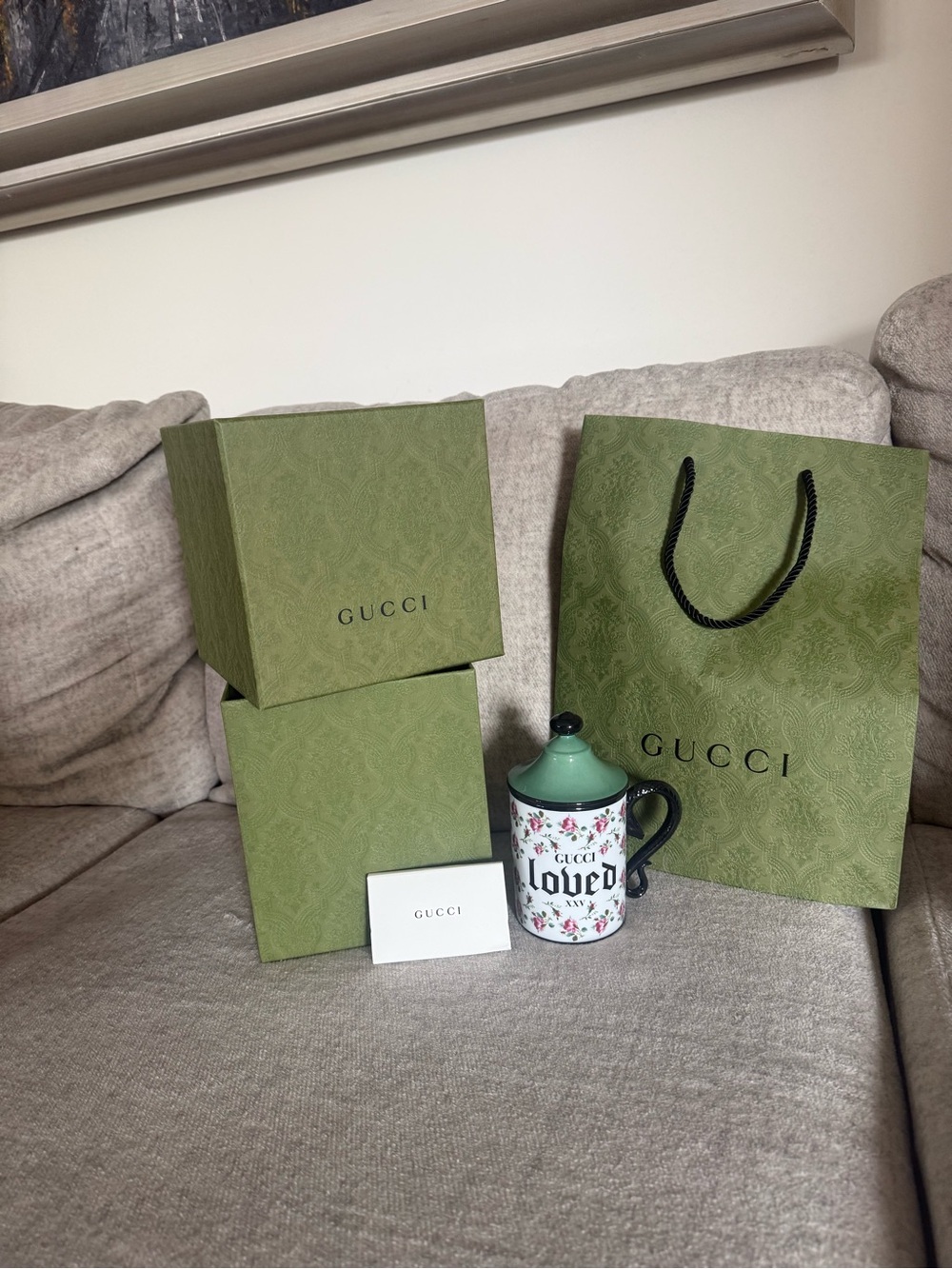 Gucci Green Floral 'Loved' Ceramic Mug with Branded Gift Bag & Boxes
